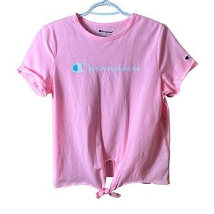 Champion Y2K Tie-Front Graphic Logo T-Shirt XL Pink Retro Sporty Preppy